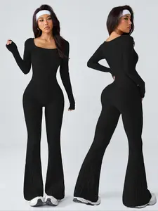 Women's Sporty U-Neck Long Sleeve Yoga Jumpsuit, Slim-Fit Below Knee Knitted Romper for All Seasons, Casual Fashion Wear