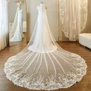 118-Inch Cathedral Wedding Veil with Floral Lace Trim - Elegant Long Tulle Veil for Brides - Luxury TikTok Wedding Style