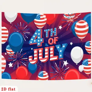 4th of July Wall Hanging Background Cloth Tapestry Featuring Red, White, and Blue Text, Patriotic Balloons, and Fireworks on Dark Backdrop, Perfect for Decorating Parties in Farms, Gardens, Homes, and Rooms