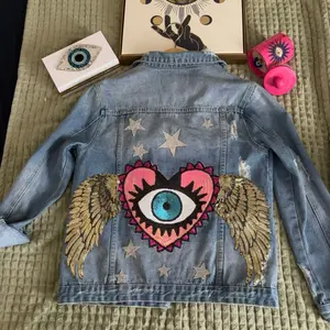 Evil Eye Denim Jacket - Medium Size for Casual Women's Wear with Unique Design and Stars - Womenswear cute fits