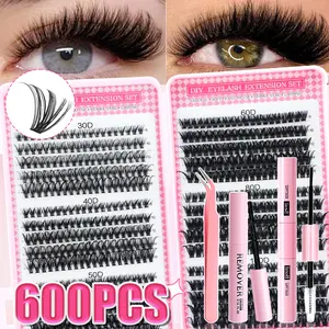 600-cluster eyelash extension set, Eyelash Clusters, 8-16mm, with glue + tweezers + glue remover, 30D+40D+50D+60D+80D+100D style, 0.07 thickness, suitable for home self-grafting to enlarge the eyes
