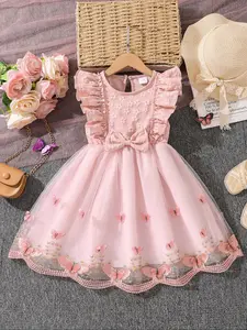 Girl's Butterfly Pattern Frill Trim Bow Decor Dress, Cute Round Neck Dress for Summer, Kids Clothes for Daily Wear, Butterfly Print Dress