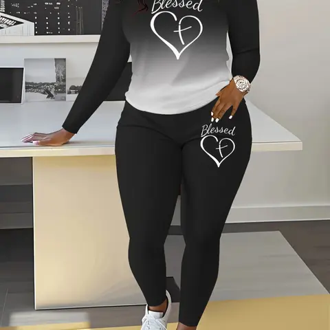 Women's Ombre Letter Heart Print Tee & Pants Two-piece Set, Fashion Pants Top Set, Casual Round Neck Long Sleeve Fitted T-shirt & Trousers for Spring & Fall, Ladies Clothes for Daily Wear, Casual Summer Set, Clothing Sets