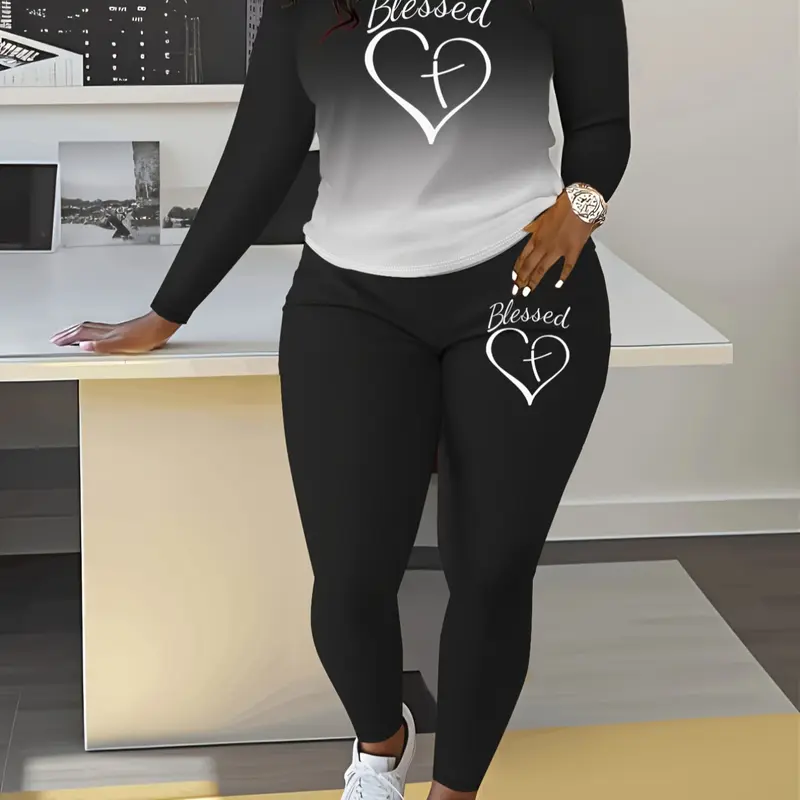 Women's Ombre Letter Heart Print Tee & Pants Two-piece Set, Fashion Pants Top Set, Casual Round Neck Long Sleeve Fitted T-shirt & Trousers for Spring & Fall, Ladies Clothes for Daily Wear, Casual Summer Set, Clothing Sets
