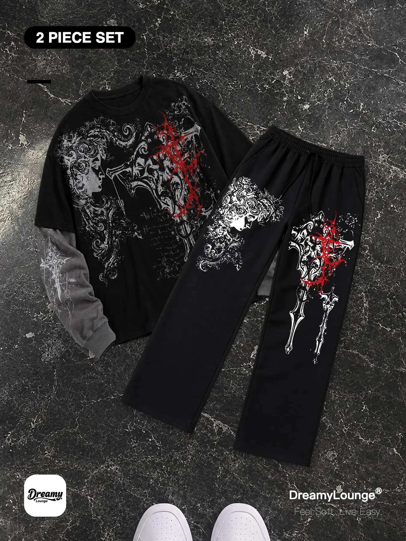 Gothic Style Graphic Print ｜2-Piece Set｜ Loose-Fit Long Sleeve T-Shirt + Sporty Wide-Leg Pants, Perfect for Daily Wear at Home or Outdoors