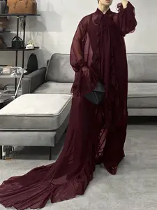 INCERUN Men's Fashion Simple Ruffled Plain Long Shirt, Fitted Long Sleeve, Spring & Fall Party Wear, Hollow Out Design