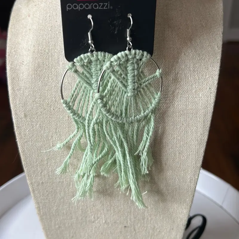 Paparazzi Macrame Earrings - Mint Green Fringe Design with Silver Hoop Accents for Boho Style