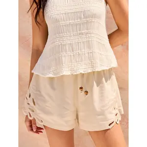 Cider Linen-blend Mid Rise Embroidery Hollow Out Beaded Drawstring Oversized Shorts