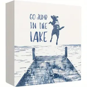 Lake House Decor Blue Lakeside Wooden Box Sign, Go Jump in the Lake Funny Dog Wood Block Plaque Signs for Beach Room Bedroom Cabin Lake House Desk Table Shelf Decor, 5x5 Inch