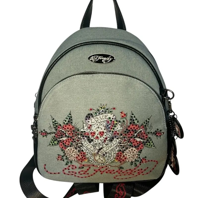 RARE Ed Hardy Y2K Rhinestone Skull Mini Backpack Pink Black  display picture 3