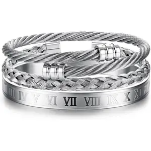 Cassieca 3pcs Adjustable Bracelets for Men Roman Numeral Bangle Bracelet Stainless Steel Cuff Bracelet Twisted Cable Bracelet Mens Luxury Bracelets stainless steel men Bracelet Men's Accessories
