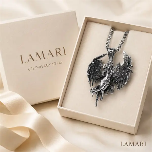 LAMARI Silver-Tone Angel Devil Pendant Necklace, Silver-Plated Copper for Gothic Streetwear, Party Looks and Gifts