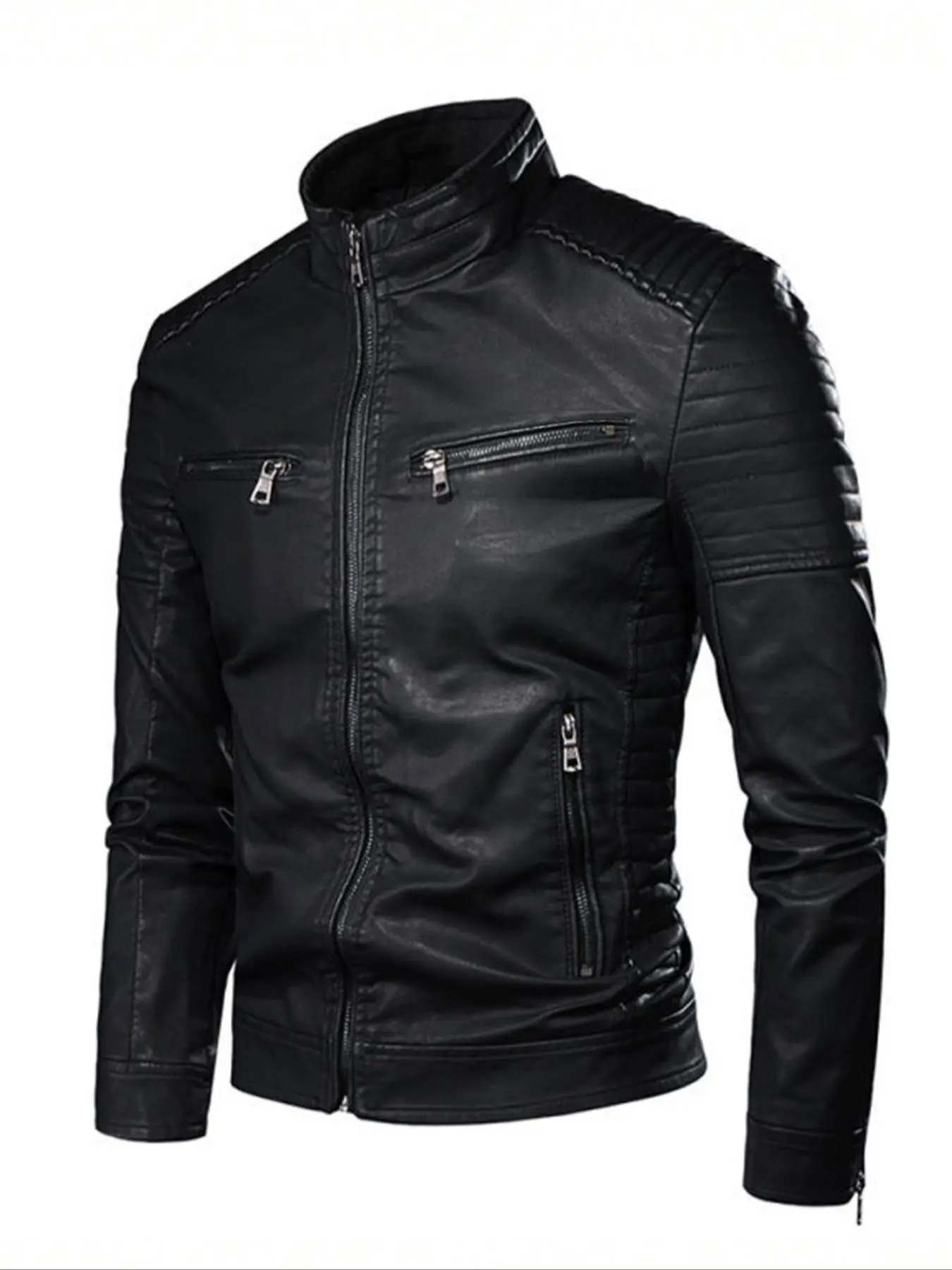 Men's Solid Pocket Zipper Faux Leather casual fashion jacket, Coats, Casual Fitted Jackets, Regular Fit Casual Long Sleeve Mock Neck Outerwear for Fall & Winter, Solid Zip Front, Men's Clothes for Daily Wear