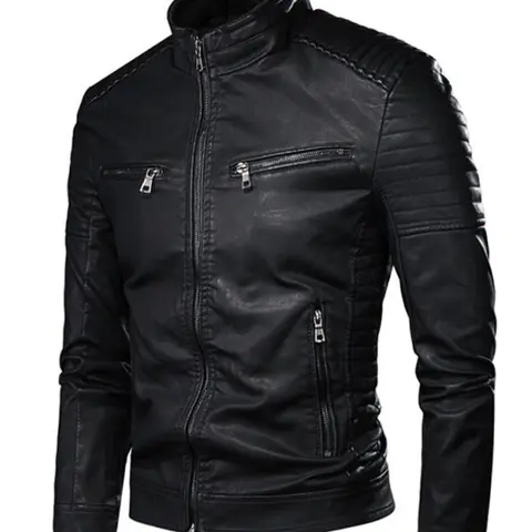Men's Solid Zip Up Mock Neck Faux Leather Jacket Coats, Slim Casual Long Sleeve Outerwear for Fall & Winter, Men's Clothes for Daily Wear