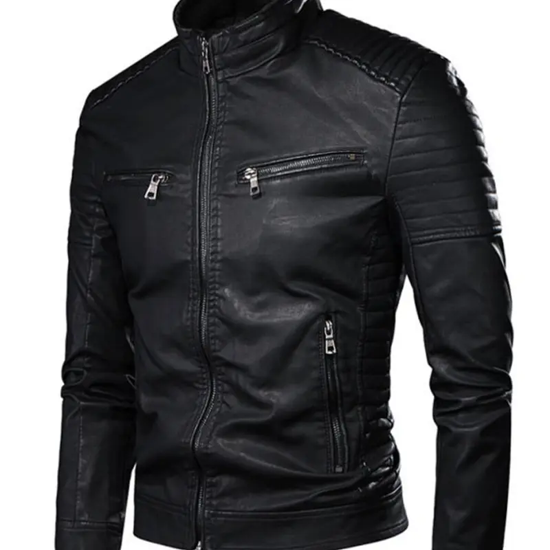 Men's Solid Zip Up Mock Neck Faux Leather Jacket Coats, Slim Casual Long Sleeve Outerwear for Fall & Winter, Men's Clothes for Daily Wear