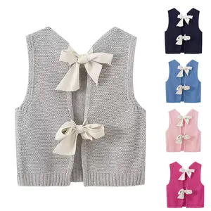 SCUSTY Women's Casual Cropped Sweater Vest Knitted Cardigan with Bow Tie Back Tank Top