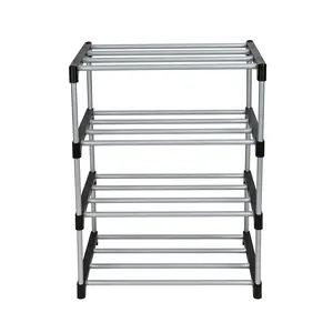 Mainstays 4 Tier Shoe Rack, Black and Silver, 8 Pairs of Shoes, Metal Tubes & Plastic Connectors