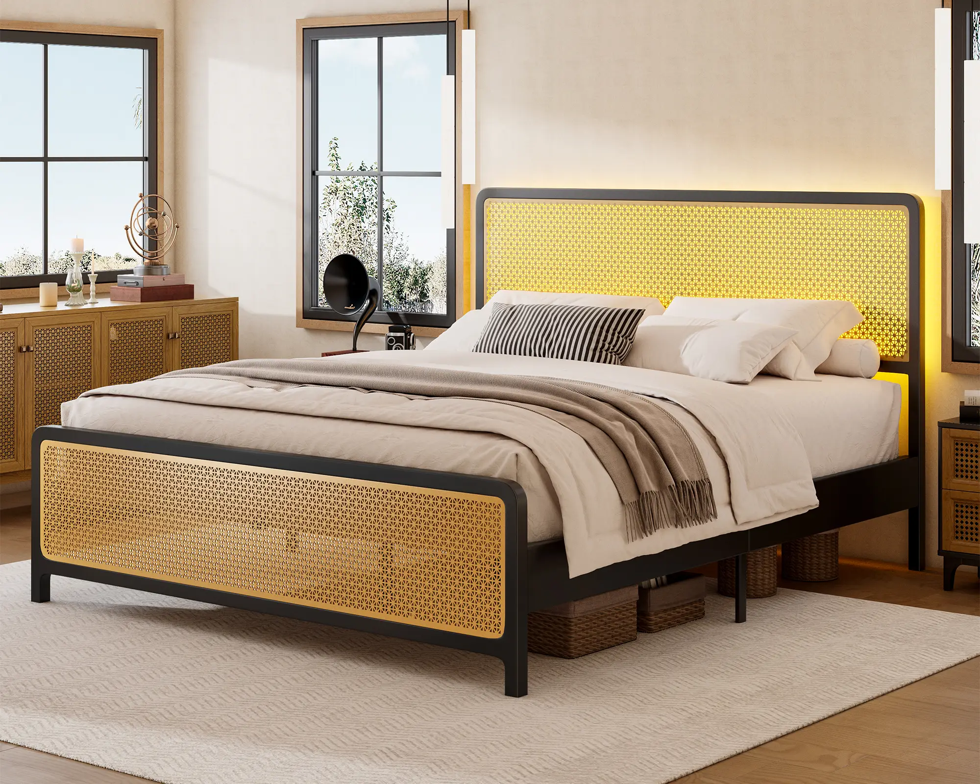 AMERLIFE Bed Frame with Metal Mesh Rattan Headboard/Footboard, Boho Platform Bed w RGBW LED Lights & Strong Metal Slat Support, No Box Spring Needed