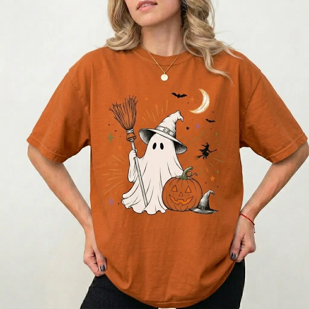 Witch Ghost Halloween Comfort Color Shirt, Cute Pumpkin Ghost Graphic Tee, Spooky Season Shirt, Fall Halloween Outfit for Women