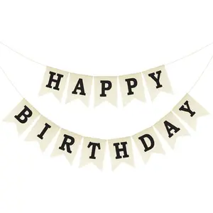 Happy Birthday Banner - NO DIY Black Burlap Happy Birthday Banner Sign Happy Birthdays Party Decoration Happy Birthdays Banners Bunting for Women Men Girl Boy Celebration Party Backdrops
