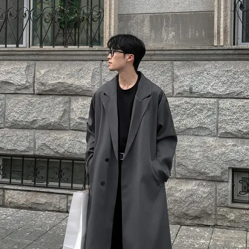 Trench Coat Autumn Korean Men's New Fashion Overcoat Male Long Windbreaker Streetwear Trench Men Outerwear Black/Gray/Coffee Menswear Jackets Tops Long Sleeve Casual Classic