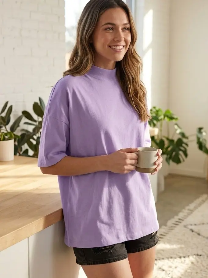 PHEFEE Women's Mock Neck Tee, Loose Wisteria Short Sleeve Top in a Soft Cotton Elastane Blend - An Elevated Basic for Casual Style, Piece
