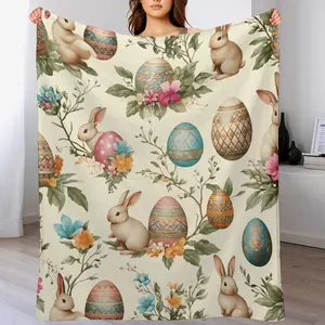 Vintage Watercolor Easter Bunny & Eggs Blanket, Floral Spring Throw, Cute Holiday Decor, Soft Flannel Fleece Blanket