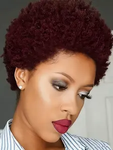 Burgundy Natural Pixie Cut Human Hair Wigs, Short Afro Kinky Curly Wig for Women, Daily Party Cosplay Use, Machine Made pixie wig