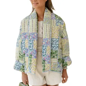 Women’s short floral quilted jacket with open collar, printed lightweight front, filled down jacket GARMENTARY
