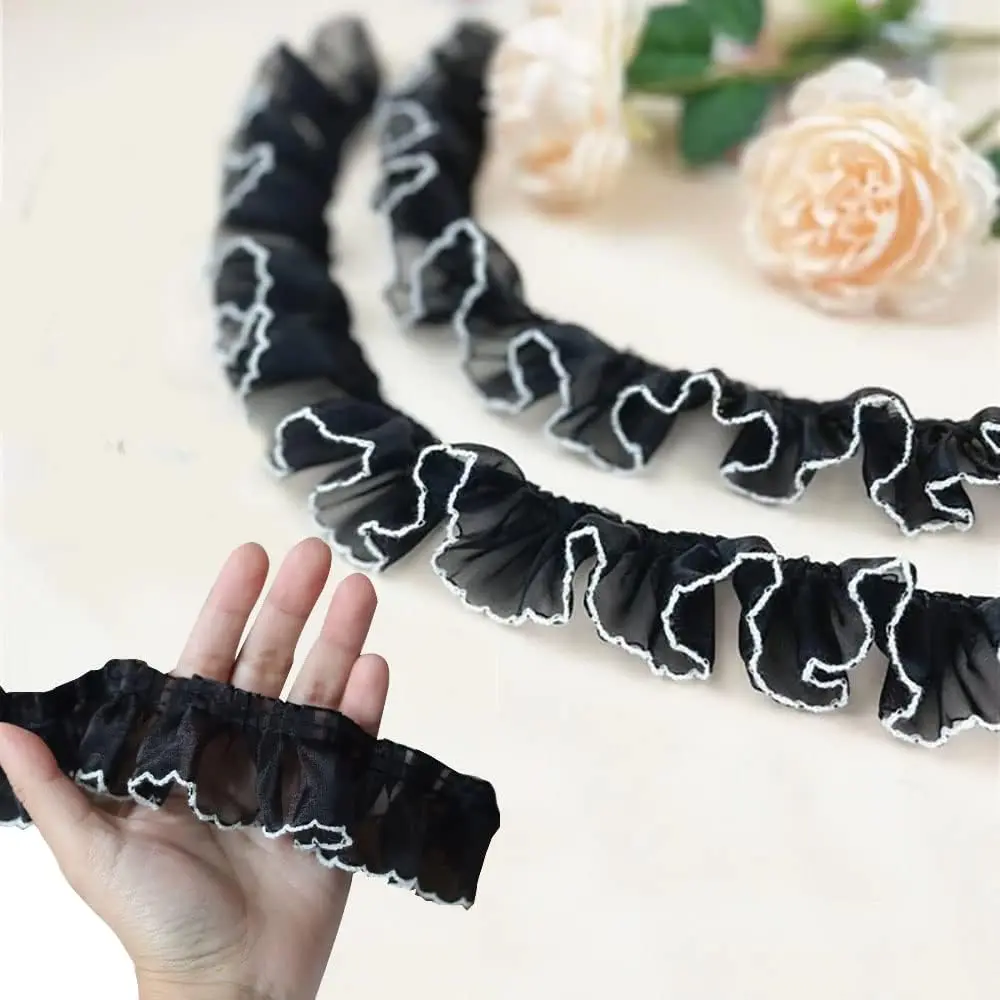 Ruffled Pleated Lace Fabric 3 Yards Trim Pleated Chiffon Black and White Matching Dress Decoration Tulle Fabric Applique Trimming Craft Sewing DIY Craft Sewing (3 Yards, Black)
