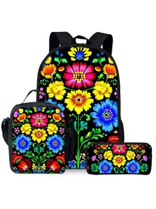 Vibrant Polish Flower Print Backpack Set, including lunch bag, pencil case and shoulder bag