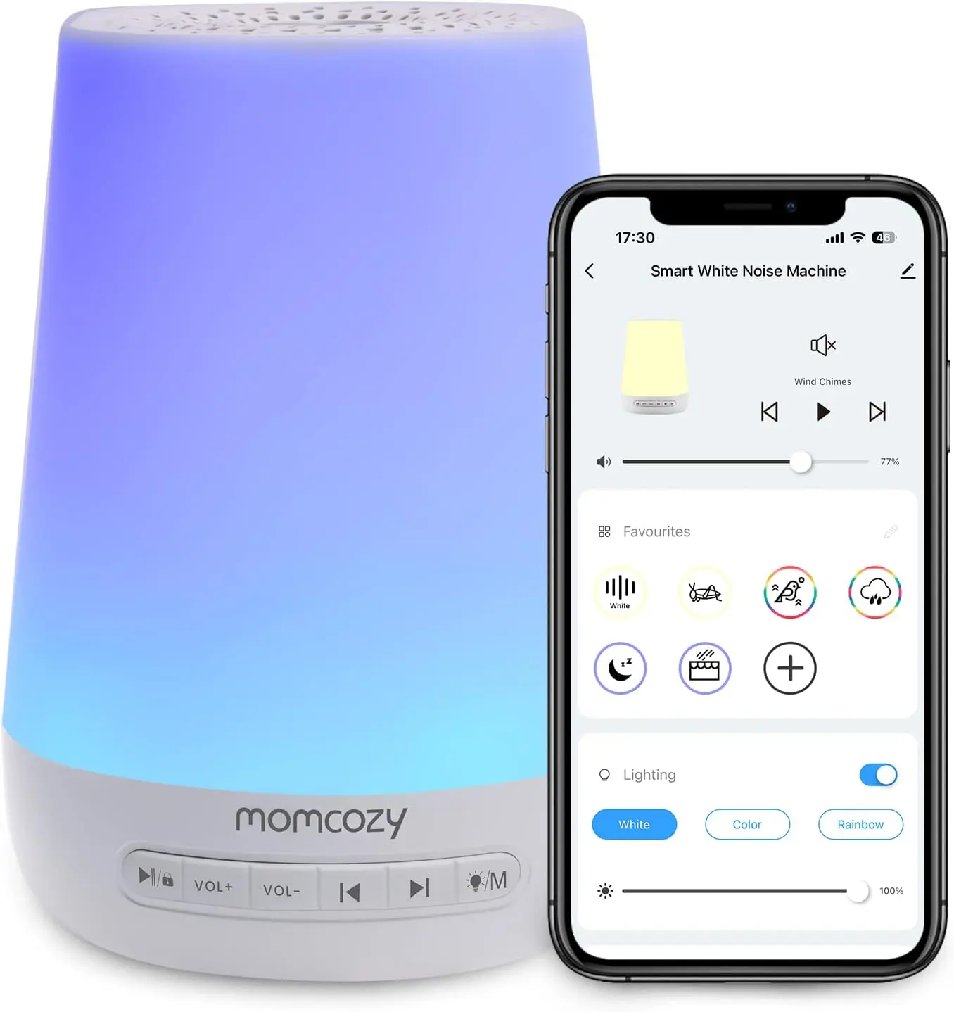 Momcozy Smart Baby White Noise Sound Machine with App Control & Night Light, Toddler Sleep Trainer with 34 Soothing Sounds, Timer, Custom Personal Sleep Routine, Wood Grain Design, Portable Nursery Sleep Aid for Baby Kids Bedrooms