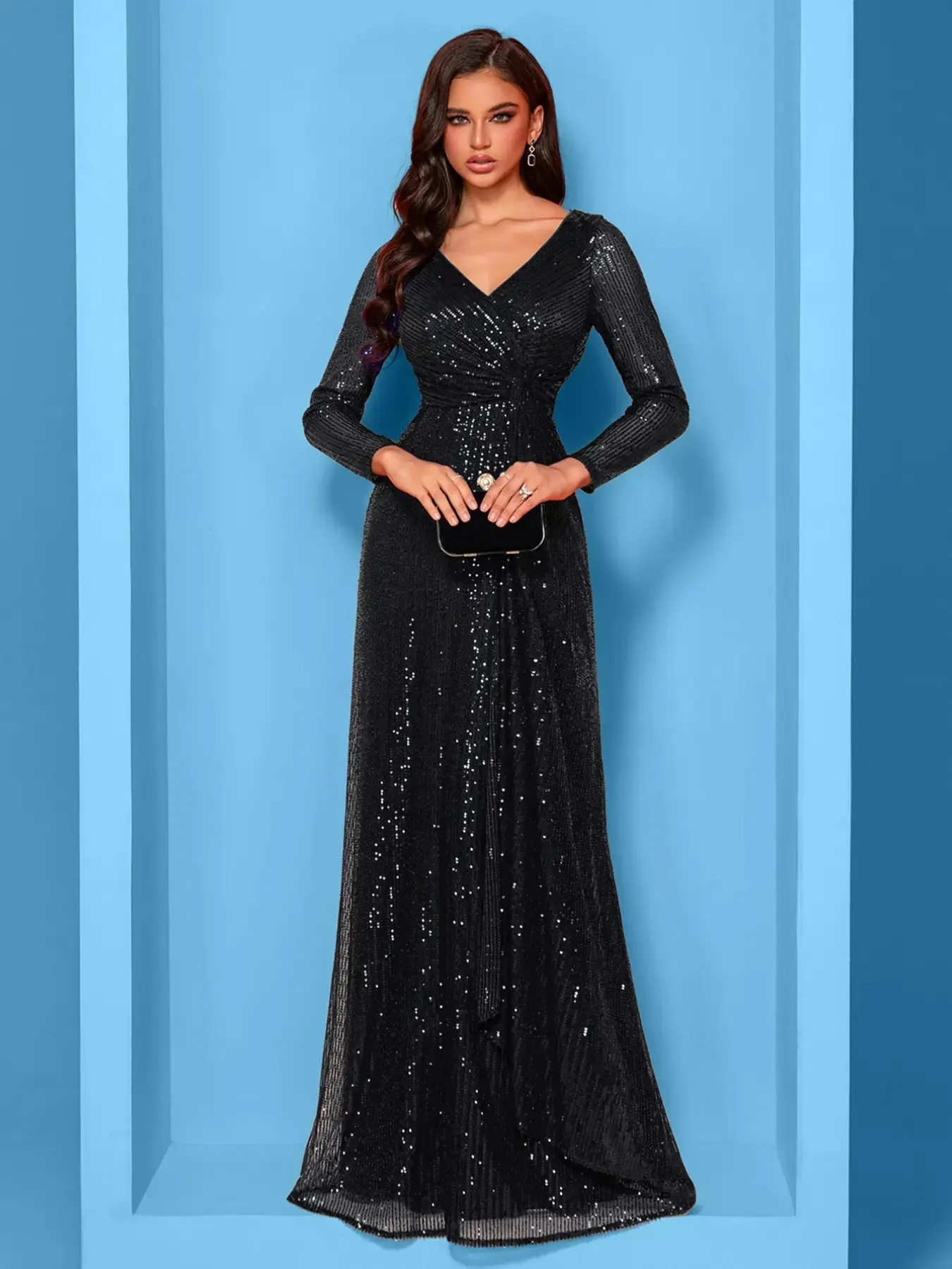 Long Sleeve V-Neck Sequin Evening Gown, Women Formal Wear, Waist Cinch Tie Split Elegant Slit Hem Floor-Length Dress, Perfect for Wedding Guests, Mother of the Bride, Graduation Party