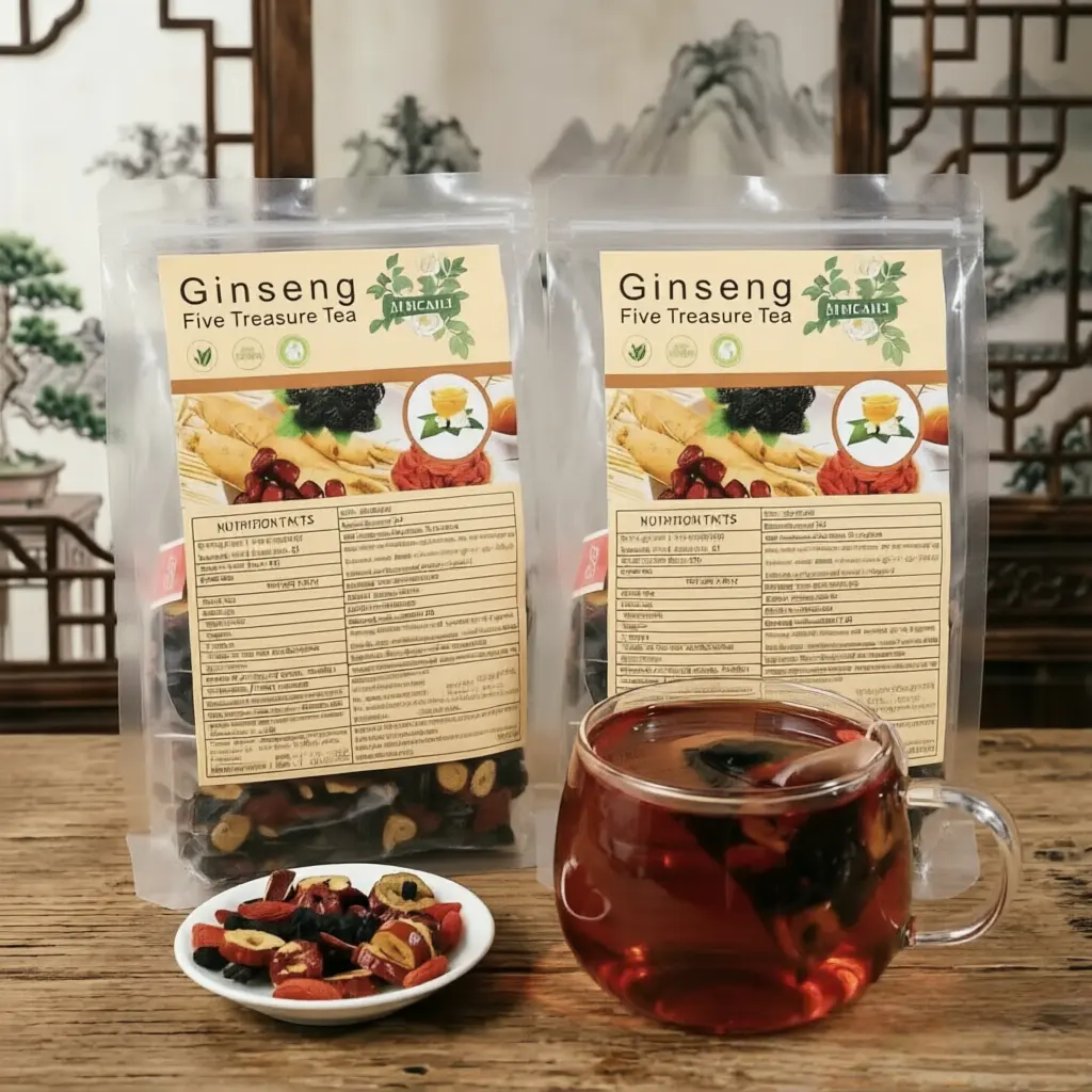 Ginseng 5 Treasures Herbal Tea, 30 Individually Wrapped Sachets, Natural Caffeine-Free Plant Blend with Maca, Wolfberry & Jujube, Adult Daily Wellness Hydration Drink, No Artificial Flavors