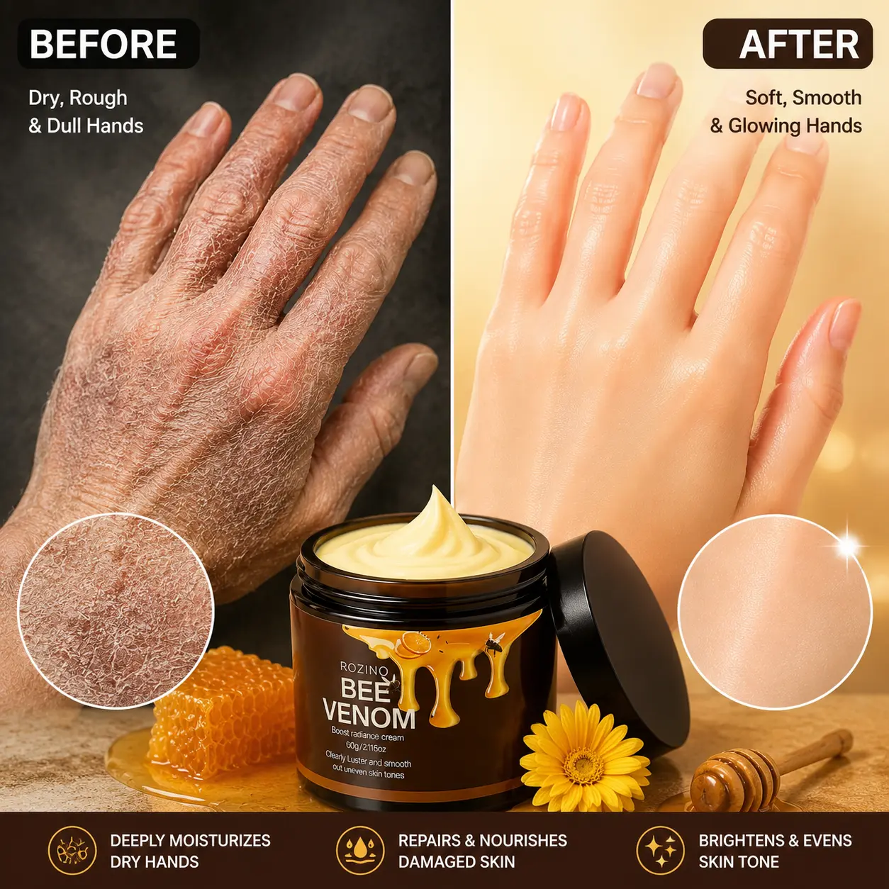 ROZINO Hand Cream with Bee Venom, Vitamin C, Niacinamide & Hyaluronic Acid - Moisturizing Hand Lotion for Dry Cracked Hands, Softening Rough Skin, Brightening Dull Hands, Fast Absorbing Non-Greasy Formula, Daily Use Hand Moisturizer - 60g/2.12 oz