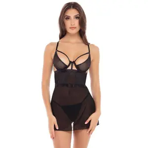 Rene Rofé Women's "New In Town" 2 Piece Chemise & Thong Set Sheer Mesh Babydoll Lingerie Strappy Bust Detail Soft Floral Lace Spandex Sleepwear for Date Night & Boudoir