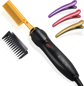 Ceramic Heating Hair Straightener Comb - Hot Pressing Brush for Natural Black Hair, Beard Wigs, and Curling (Gold)