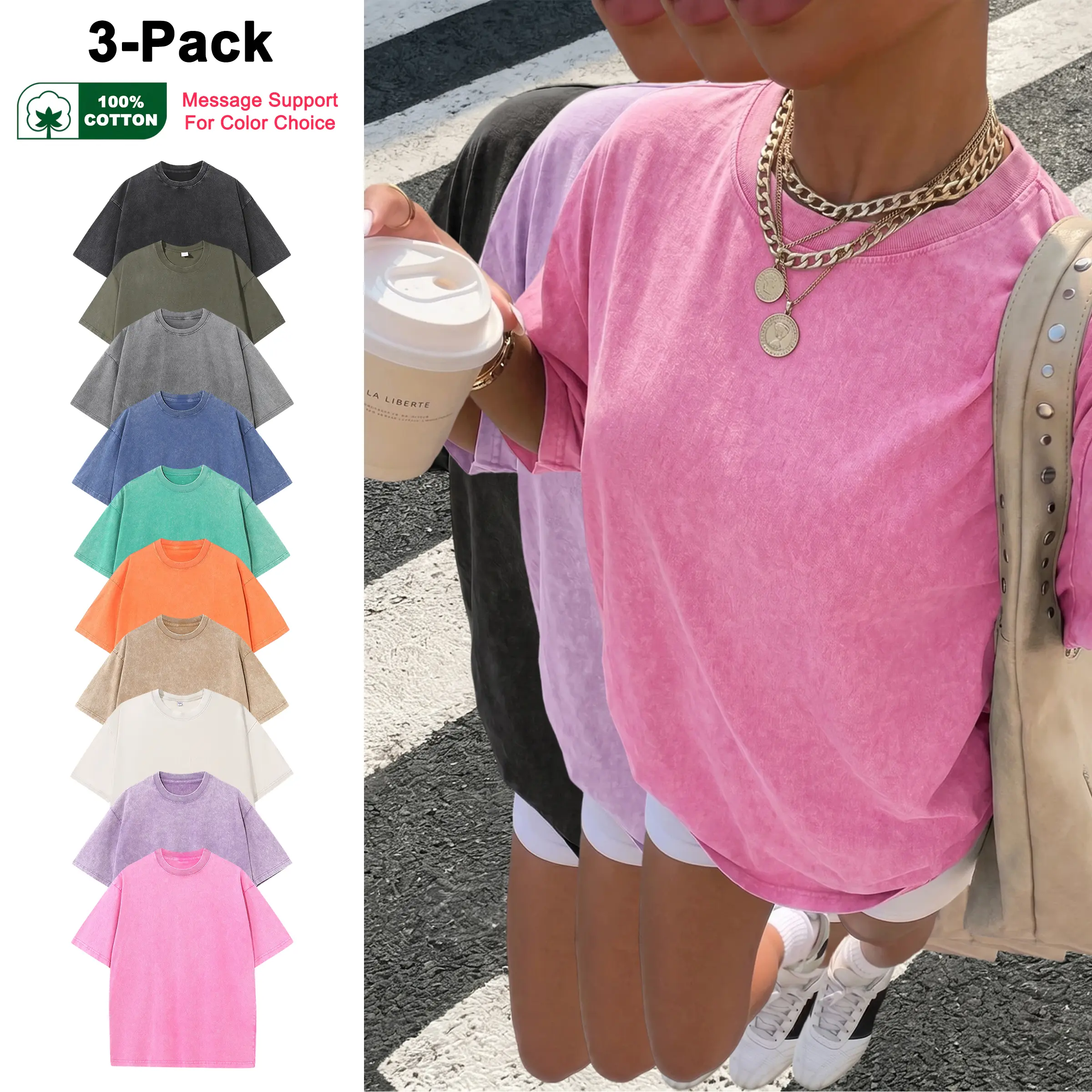 Women’s 100% cotton vintage distressed crew-neck T-shirt, oversized loose fit for comfort, couple style, washed short sleeves, suitable for all seasons as a base layer, ideal for everyday and streetwear wear.