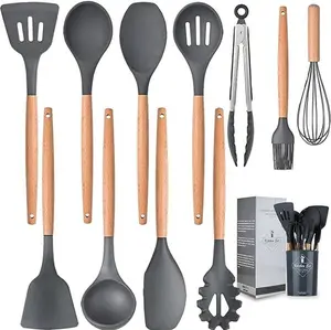 Silicone Cooking Utensils Kitchen Utensil Set, 12 PCS Wooden Handle Nontoxic BPA Free Silicone Spoon Spatula Turner Tongs Kitchen Gadgets Utensil Set for Nonstick Cookware with Holder Sturdy