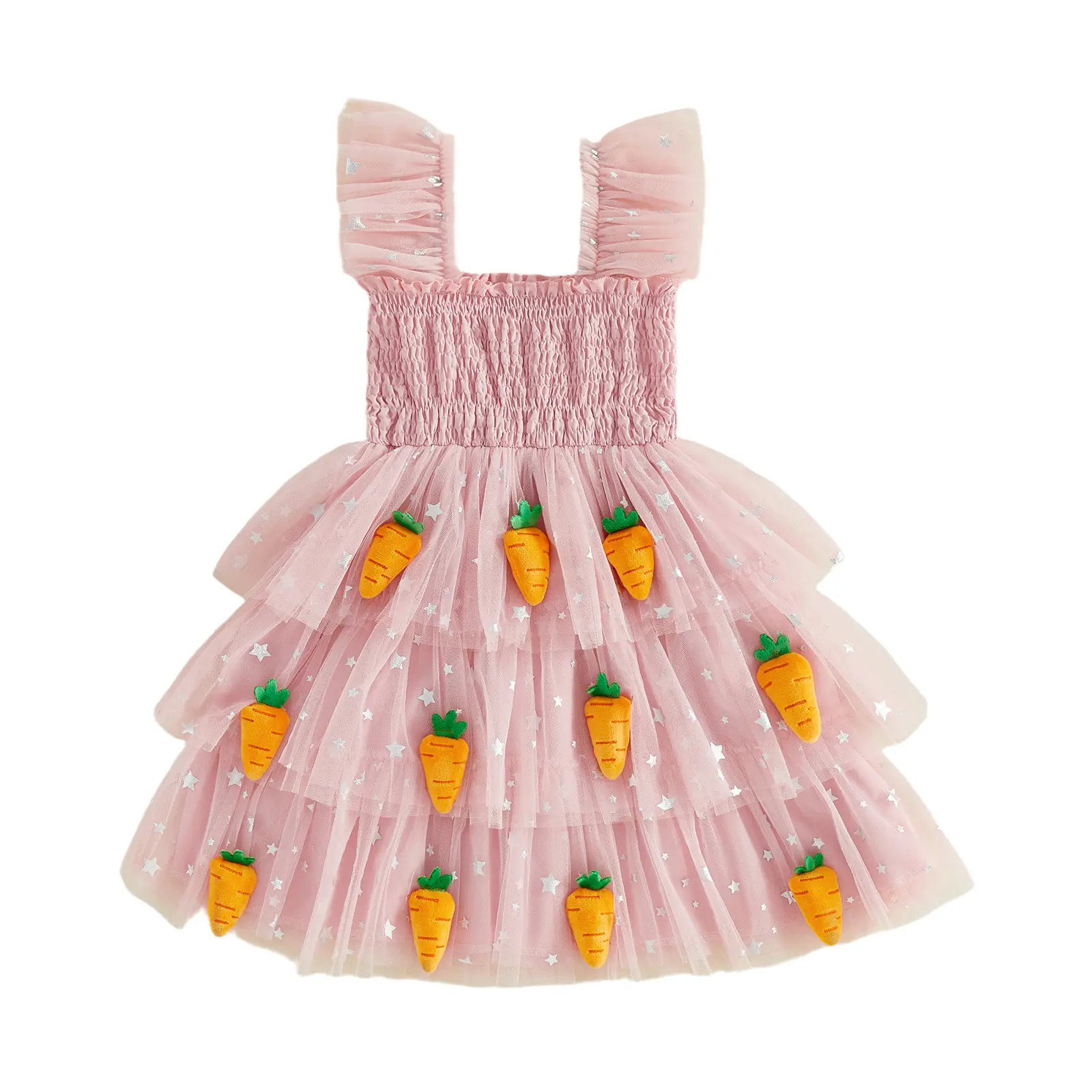 Little Toddler Girl Easter Dress Casual A Line Carrot Patch Star Smocked Flying Sleeve Ruffled Mesh Dress