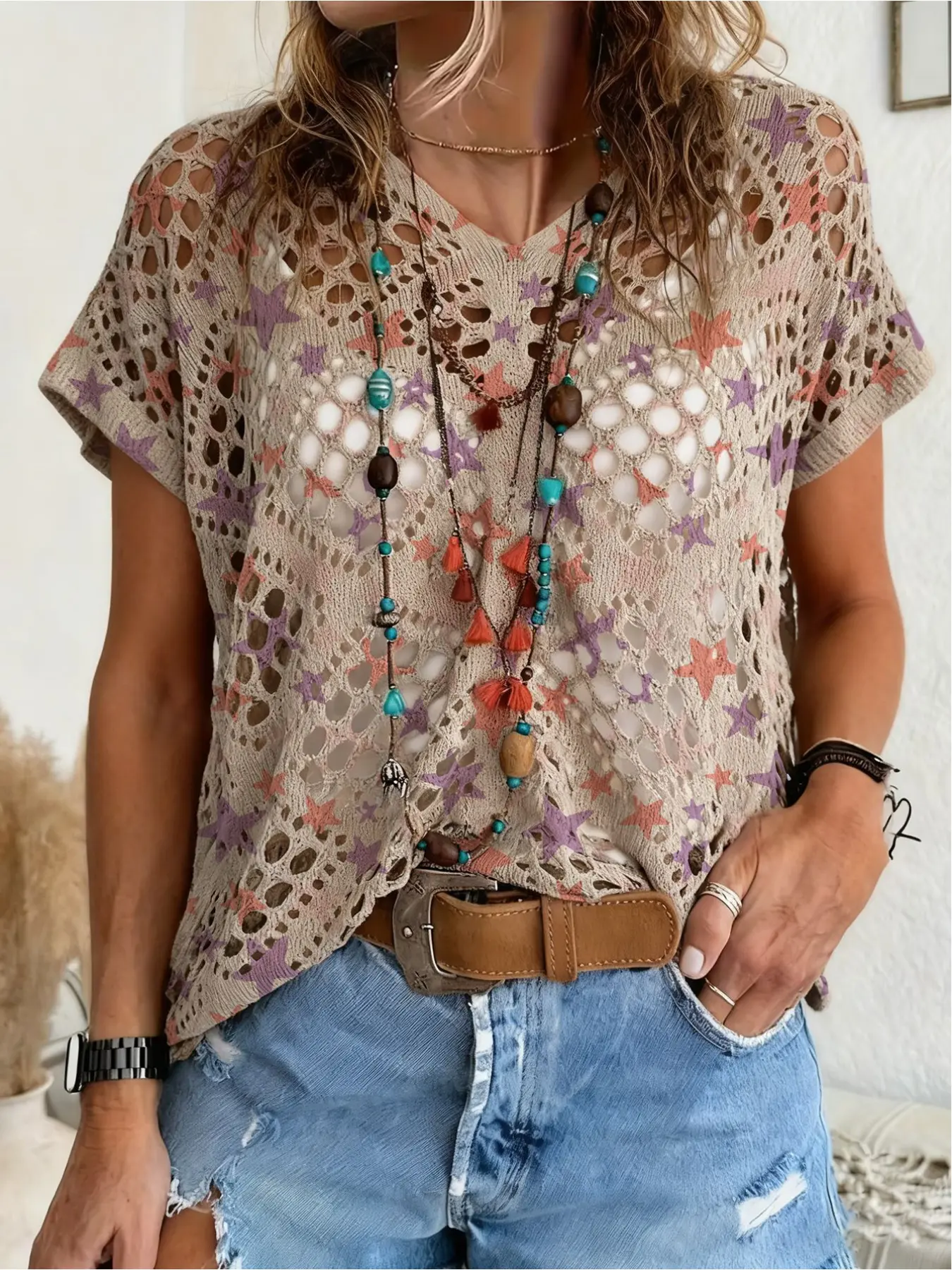 Spring/Summer style, V-neck diamond hollow out loose batwing short-sleeve cover-up, contrast color star print women's knitted top, vacation style, casual for commuting, women's vest cover-up, bikini cover-up, Beach swimsuit cover