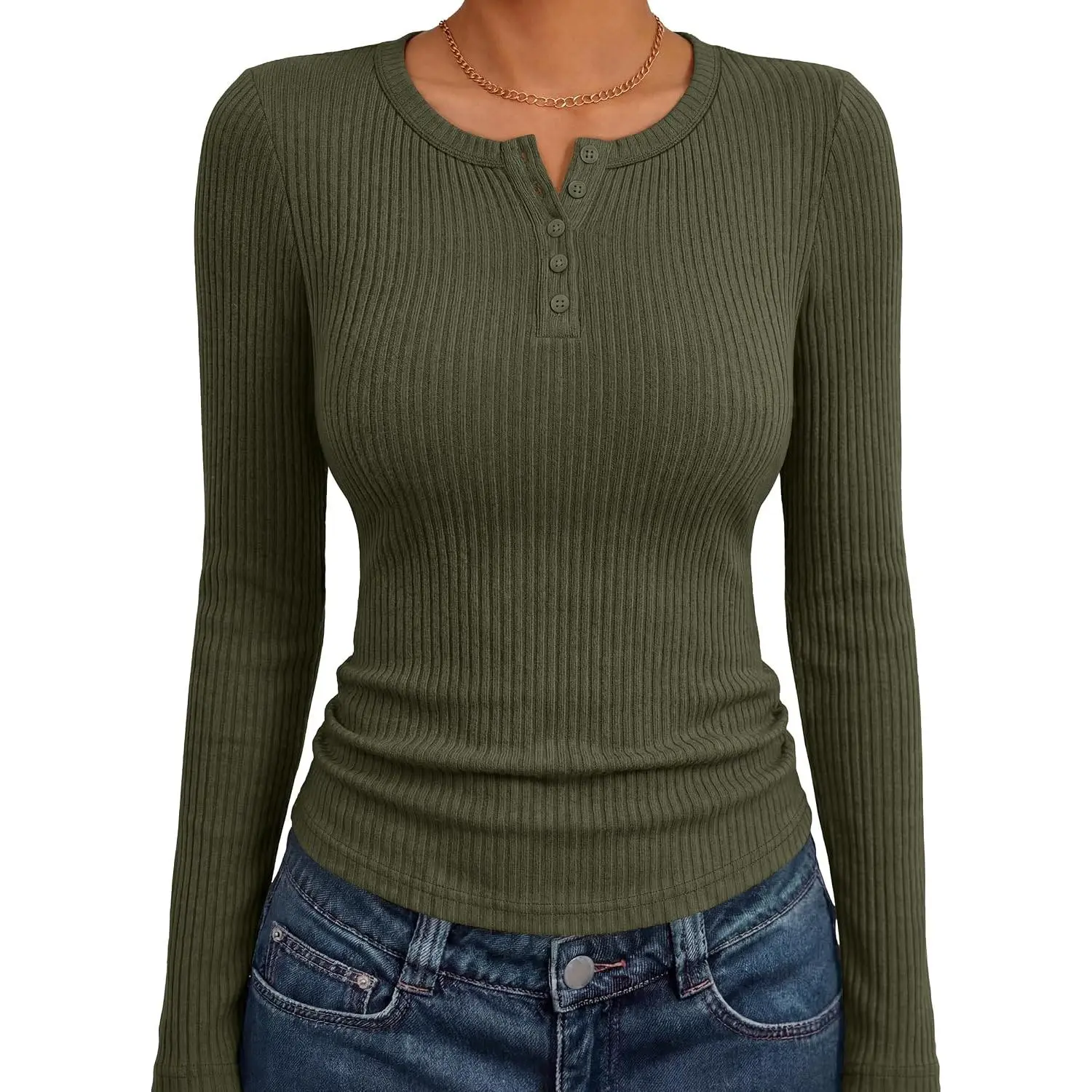 ANRABESS Women's Long Sleeve Shirts Ribbed Henley Top | Slim Fitted Tee, Soft Cozy, Business Casual Office Outfit, Going Out Daily Wear, Fall Spring Layering Clothing Sweater Stretchy