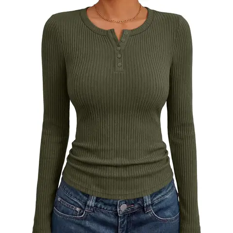 ANRABESS Women's Long Sleeve Shirts Ribbed Henley Top | Slim Fitted Tee, Soft Cozy, Business Casual Office Outfit, Going Out Daily Wear, Fall Spring Layering Clothing Sweater Stretchy Fabric Cardigans
