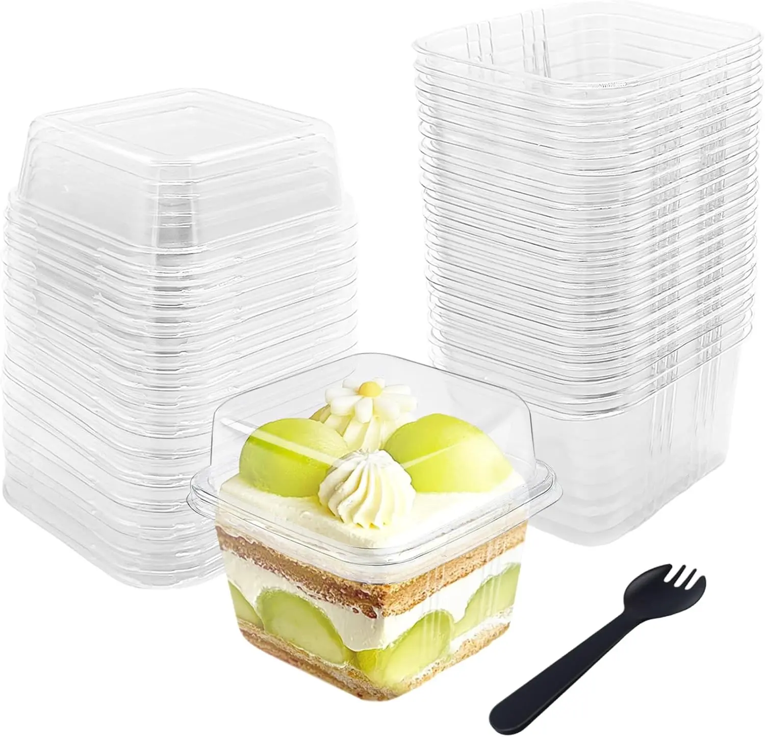 50-Piece 8oz Lightweight Eco-Friendly Sealed Square Parfait Cups Disposable Tableware Set - 3.3x2.8x2.2 Inches, With Lids, Sporks, Ice Cream Ready Plastic Containers, Tidy Look for Cupcake, Pudding, Bowl, Fruit