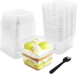 Square Parfait Cups, 50 Pcs 8OZ Plastic Dessert Cups with Lids and Spoons, Disposable Ice Cream Containers for Cupcake, Pudding, Snacks, Yogurt