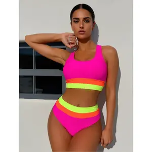 Trending Women's High-Waisted Colorblock Bikini Set - Trendy Two-Piece Swimsuit for Beach Vacation and Sunbathing bathing suit rash guardKA-P221-07