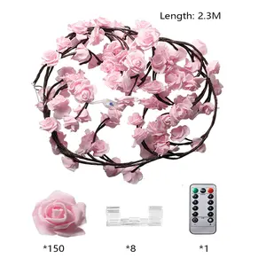 2.3M Pink Rose Vine String Lights with Remote Timer, 8 Modes Dimmable USB Powered Artificial Flower Branch Lights, Flexible Bendable Wall Decor Lights for Bedroom Wedding Holiday Home Decor