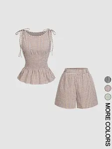 Women's Gingham Check Plaid Textured Woven Fitted Tank Top & Shorts Set, Tie Shoulder Straps, Smocked Waist, Peplum Hem, Elastic Waistband, Breathable Lightweight Fabric, Daily Casual Vacation Home Leisure Women's Wear  2 Piece