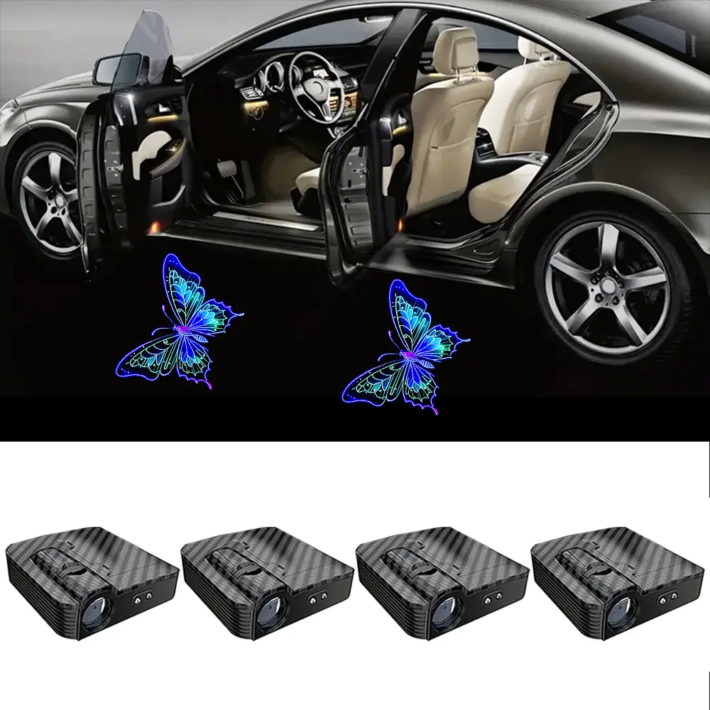 4PCS Car Door Butterfly Pattern Welcome LED Lights, Wireless Auto Opening Door Step Courtesy Projector, Universal Vehicle Interior Night Atmosphere Lamp, Car Lighting, 100% Universal Fit, Car Interior Decor, Perfect Decoration & Protection