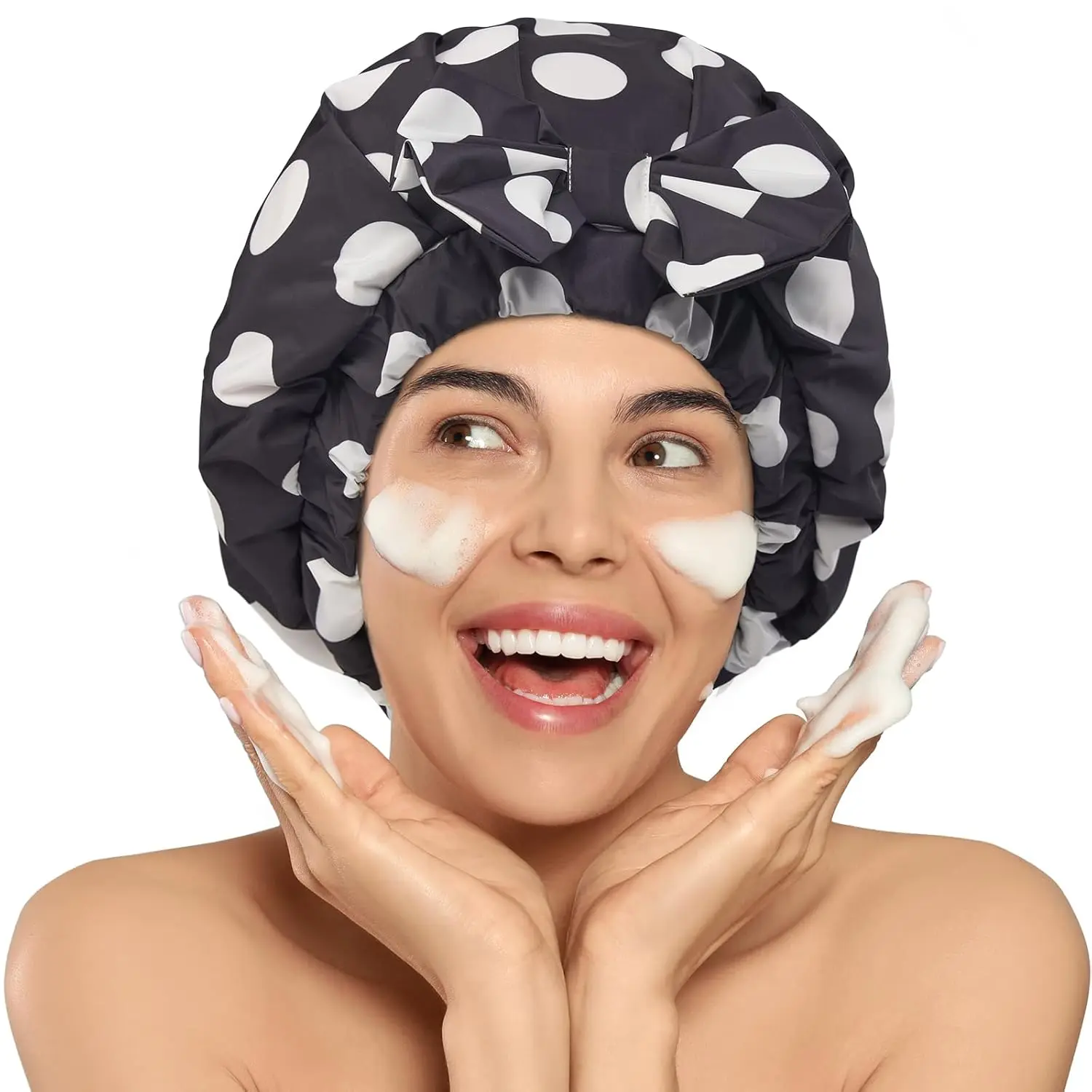 Women's Luxury Silk-Lined Polka Dot Shower Cap - Double-Layered Large Bathing Cap with Adjustable Elastic Strap, Lightweight, Portable, Chic, Elegant, Non-Slip, Quick-Dry Hair Protection for All Hair Lengths, Foldable